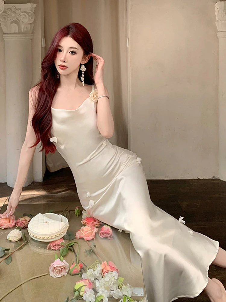 Summer Y2K Sweet Floral Vacation Evening Dress Women Clothes Elegant Sexy Strap Slim Fishtail Maxi Party Birthday Vestidos Robe