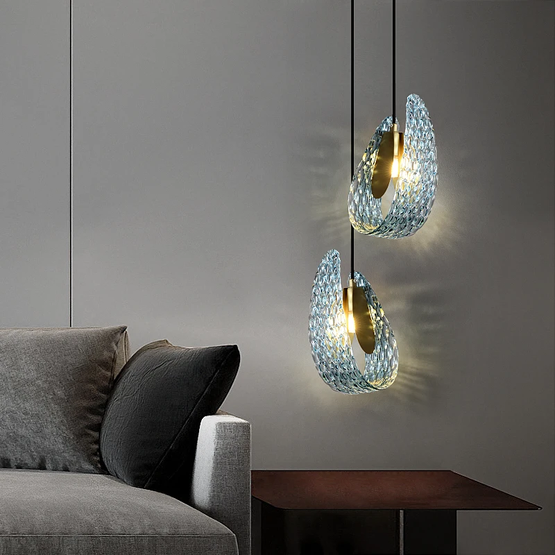 Original High-End Copper Peacock Blue Glass Pendant Light Bedroom Bedside Ambient Light Restaurant Bar Counter Pendant Light