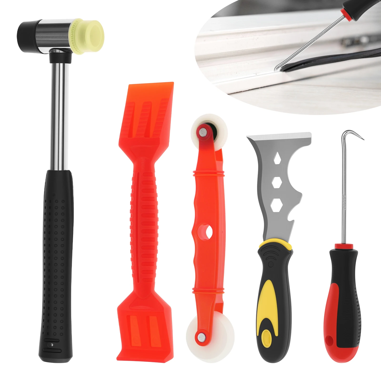 

5 Pcs Double Face Soft Tap Rubber Hammer Hand Tool Car Dent Hammer Spline Roller Hand Crank 13-In-1 Window Glazing Tool Kit