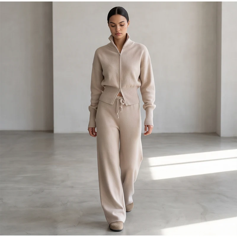 Solid Color Zipper Waist Cinching Casual Set Knitted Top Drawstring Straight Leg Pants 2-piece Sets 2026 Autumn Lady Daily Wear