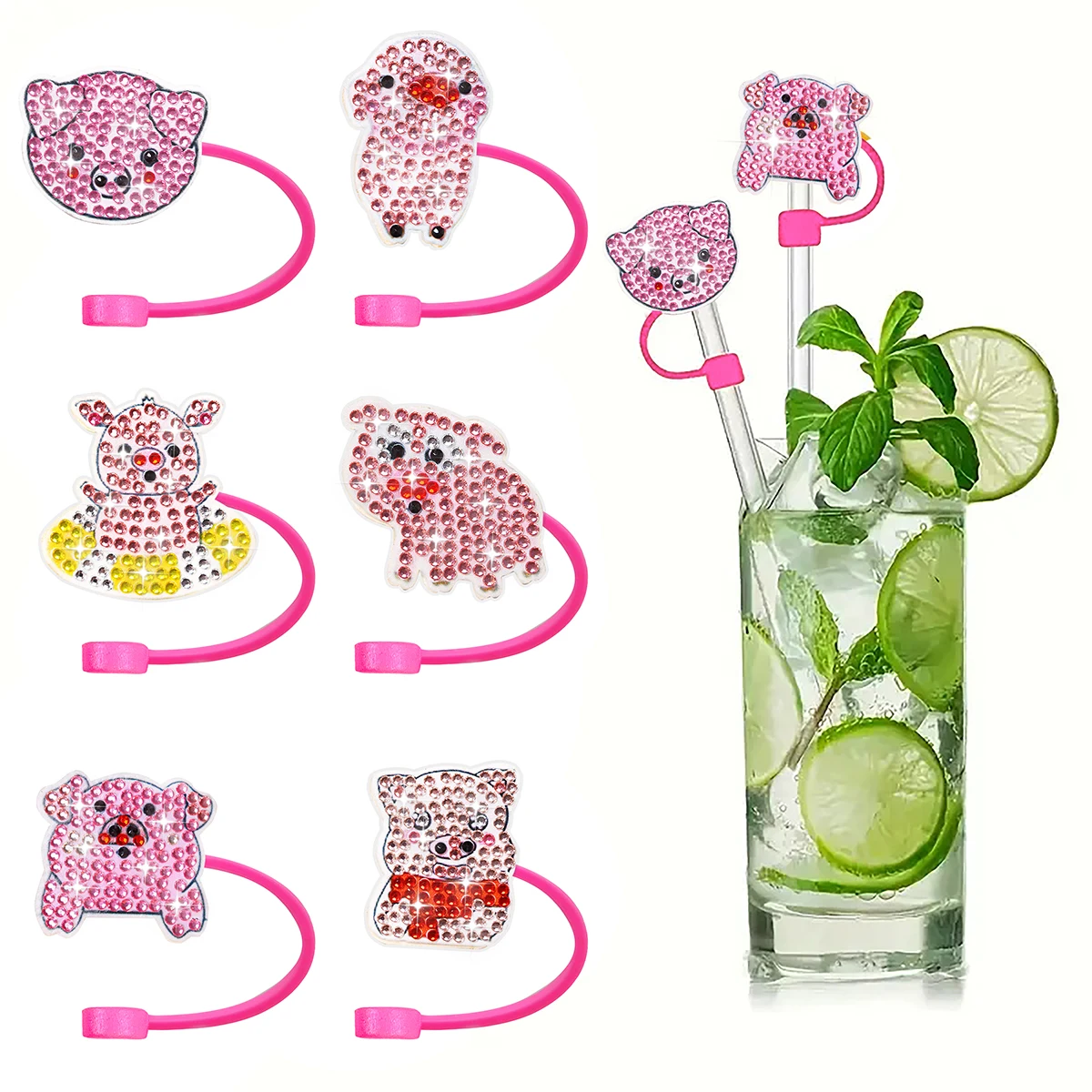 6Pcs/set DIY Diamant Painting Cute Pig Straw Topper Silicone Straw Covers Cap for Tumblers Straw Tip Covers for Drinking Straws