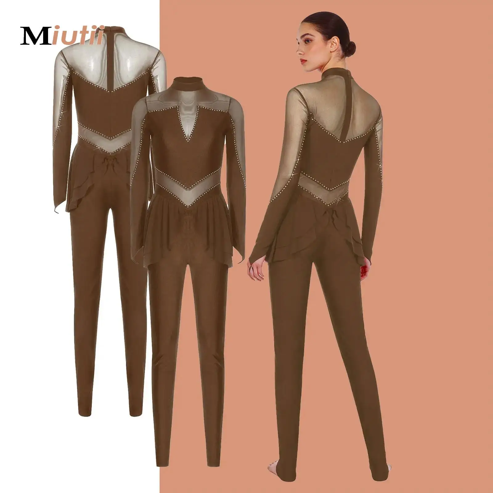

Women Sheer Mesh Long Sleeve Ballet Dance Full Length Leotard Workout Full Body Suit Gymnastics Jumpsuits Figure Skating Costume