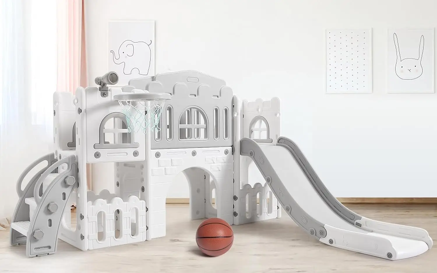 

Крытая игровая площадка 8 в 1 для малышей с горкой, баскетбольным кольцом, альпинистом для детей от 1 до 3 лет, портативная и безопасная