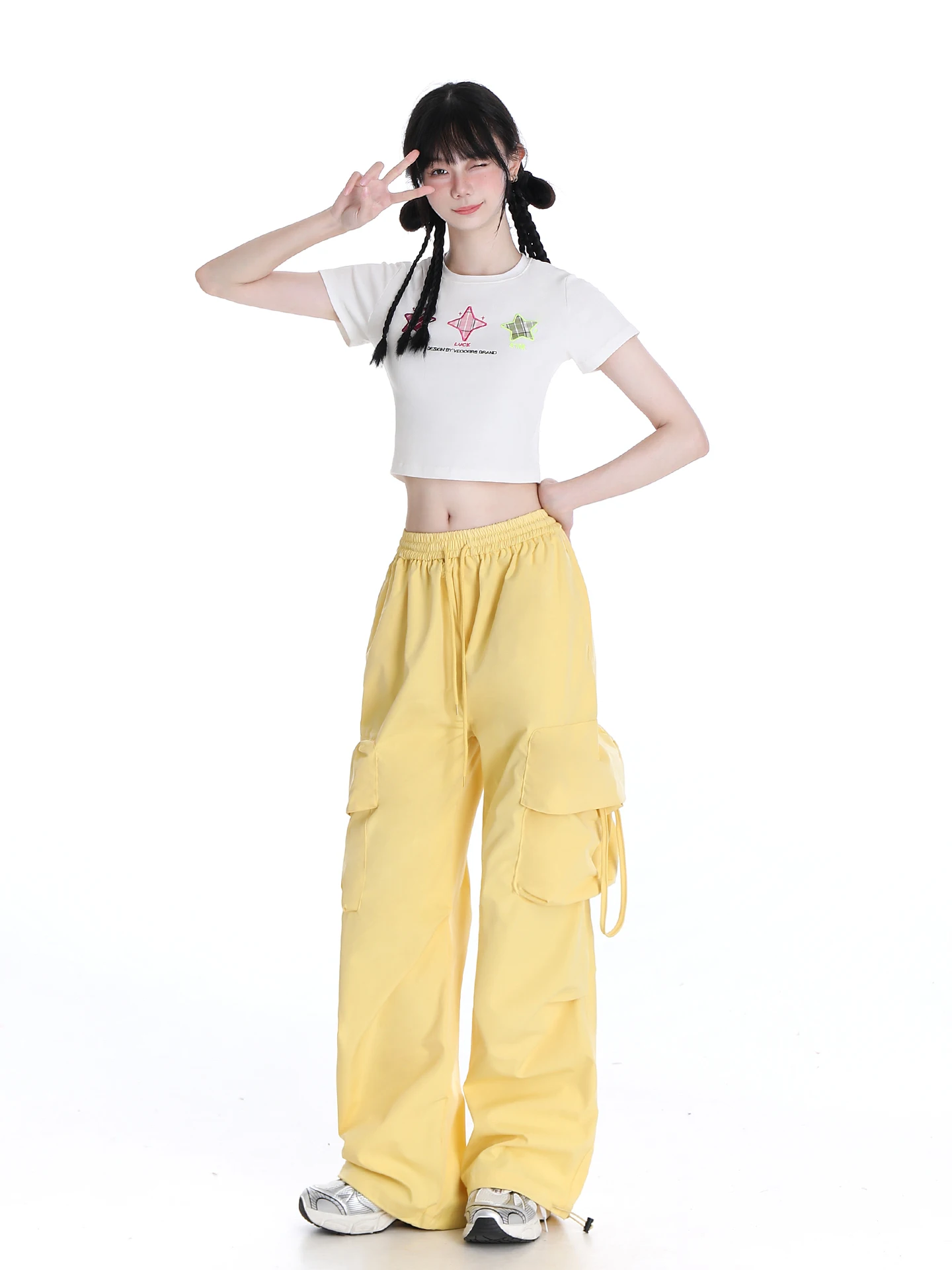 American Retro Sweet Hot Girl Cargo Trousers Baggy Pants Elastic High Waist Straight Wide Leg Casual Long Pants Women Summer