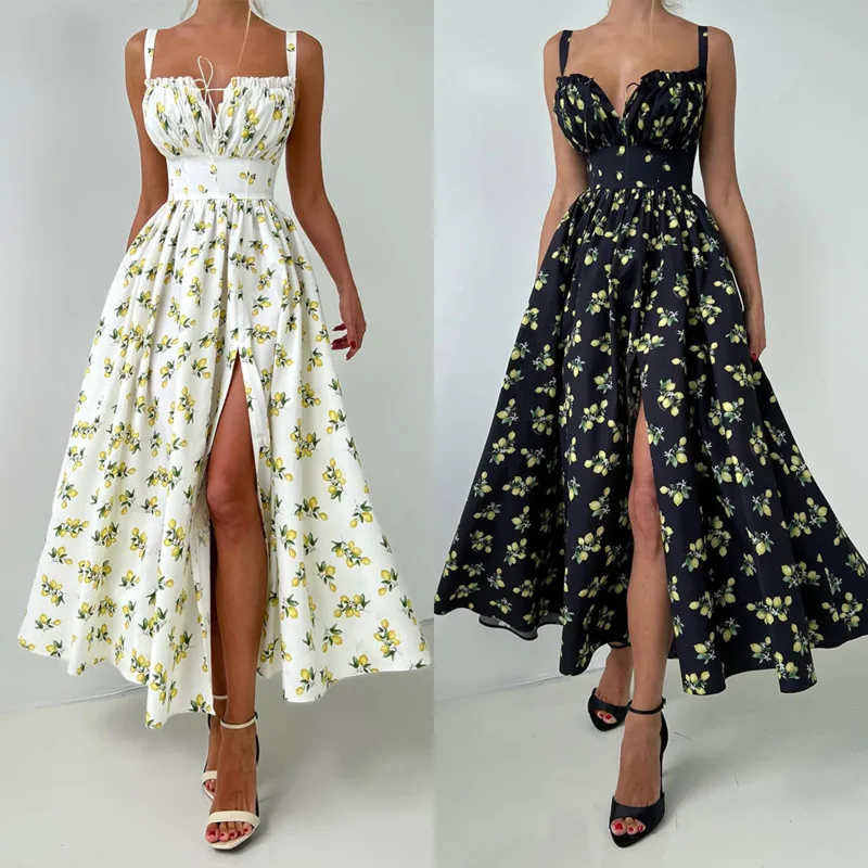 

Elegant Floral Print Camisole Dress V Neck Slim Fit High Waist Slit Dress Fashionable Summer Women's Holiday Color Block Dress