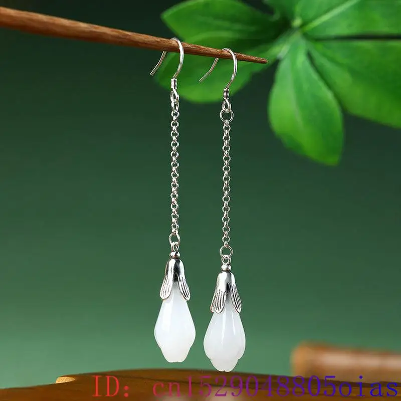 White Real Jade Flower Earrings Stone Gifts Energy 925 Silver Talismans Gift Charm Women Carved Luxury Gemstone Natural Jewelry