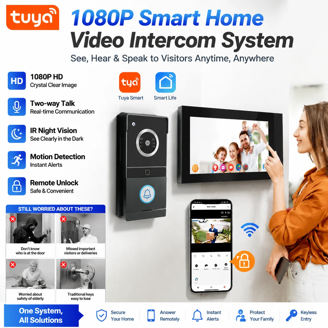 Tuya Smart Video Intercom System 7' IPS Touch Screen 1080P Camera Waterproof Doorbell Interphone with RFID Password Unlock App C
