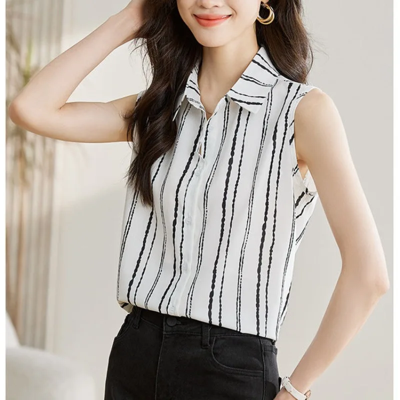 2024 Summer New Blouses Minimalist Commuter Comfortable Women\'s Spliced Polo Collar Single-breasted Striped Sleeveless Tank Tops