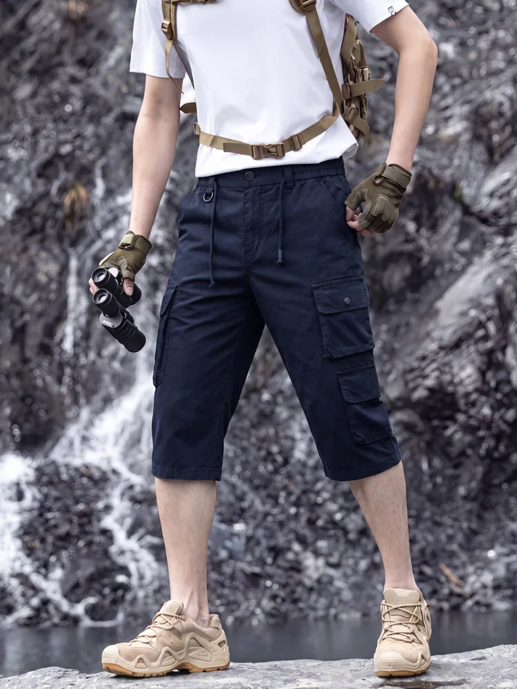 Men Washed Cotton Tactical Cargo Capri Shorts Multi Pockets Elastic Waist Outdoor Mountaineering Training9A310