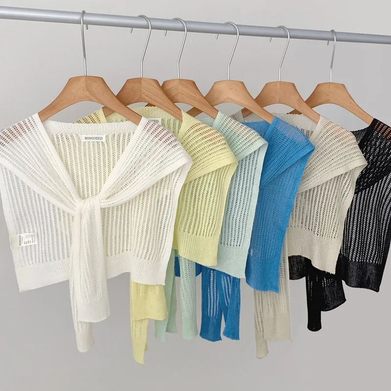 

Летняя вязаная льняная накидка-шарф с кружевными вставками и узором, тонкая, с завязками, для защиты от кондиционера, для женщин