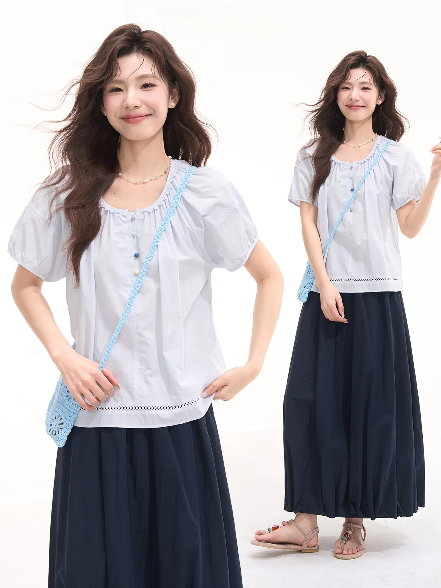 

Sweet Cotton Short Sleeve Women's Shirt round Neck Color Buckle Casual Style Fitted Cotton Spring Summer Fashion Ladies Top