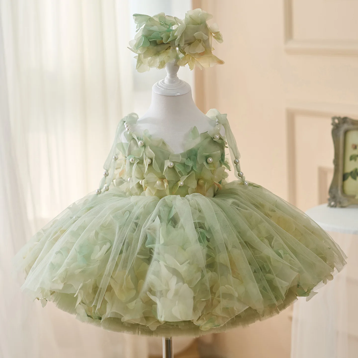 New Baby Girls Green 3d Flower Tulle Dress Luxury Pearl Fairy Style Princess Gown Kids Girl Dance Dresses For Birthday Party