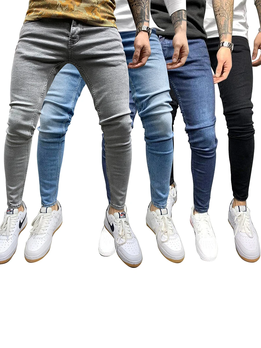 Calça casual diária masculina, jeans skinny stretch, roupa de motocicleta masculina, monocromática, rua, primavera e outono, 4 cores, 2024