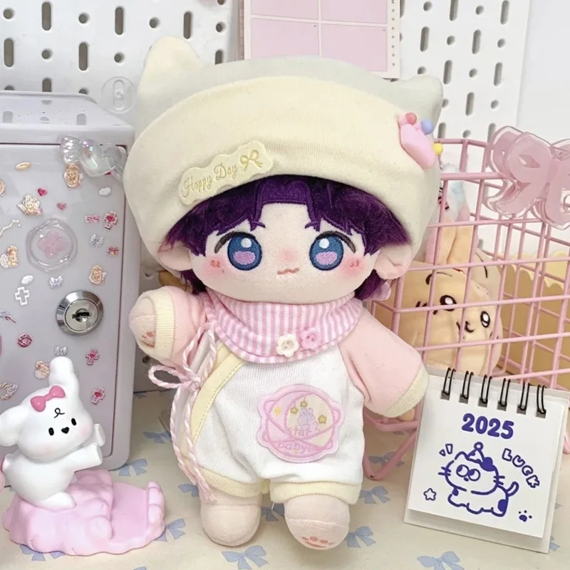 Para 20cm algodão boneca macacão conjunto com chapéu costela boneca roupas bonito conjunto de três peças de uma peça dollwear brinquedo de pelúcia mudando roupas