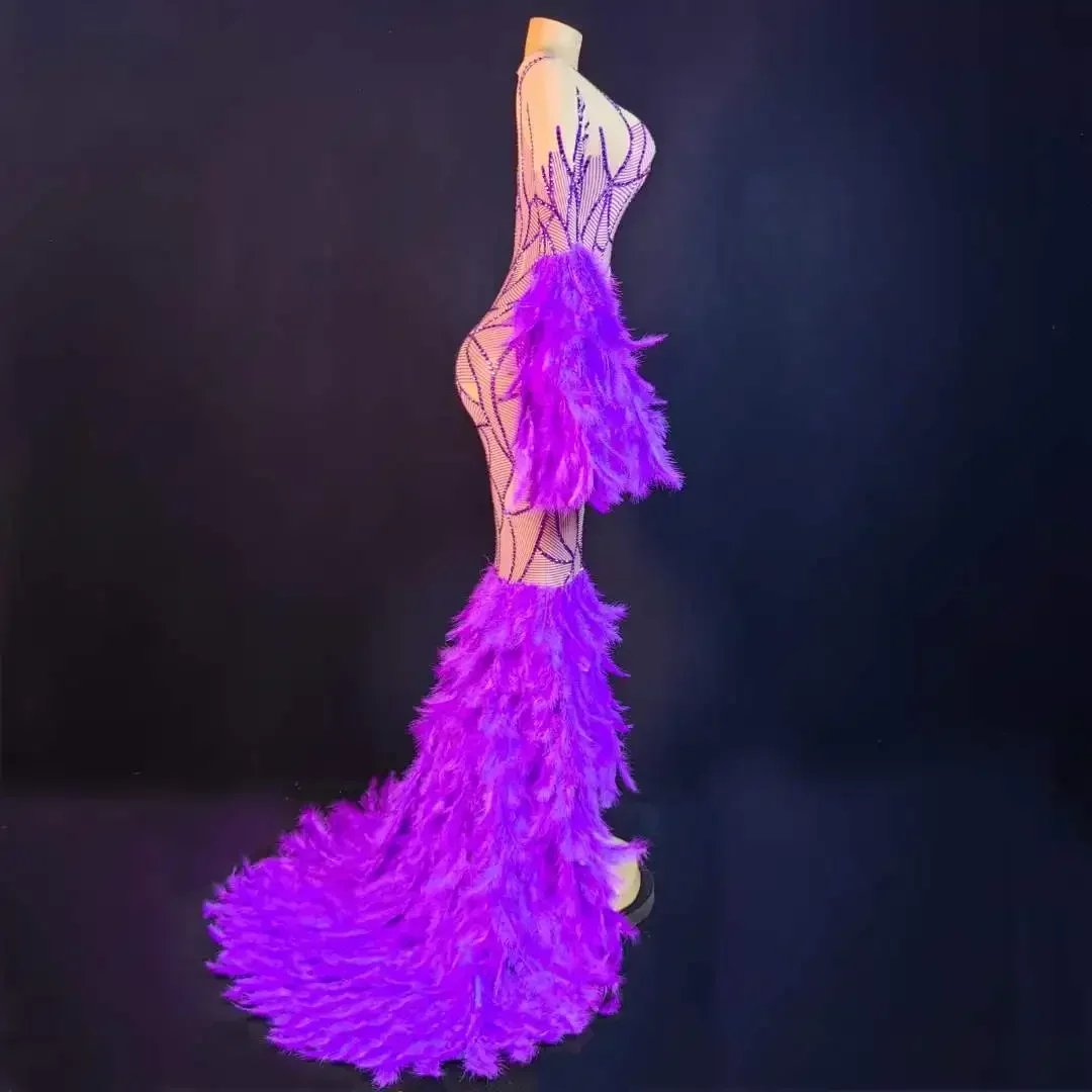 Sparkly Vrouwen Lange Jurk Met Veer Sexy Elegante Bruiloft Verjaardag Avondjurken Strass Drag Queen Outfit