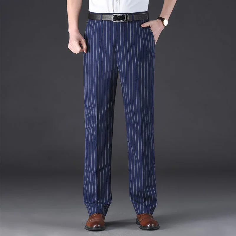 

England Style New Men Casual Summer Thin Straight Anti-Wrinkle Striped Trousers Loose Business Vintage Color Suit Pants