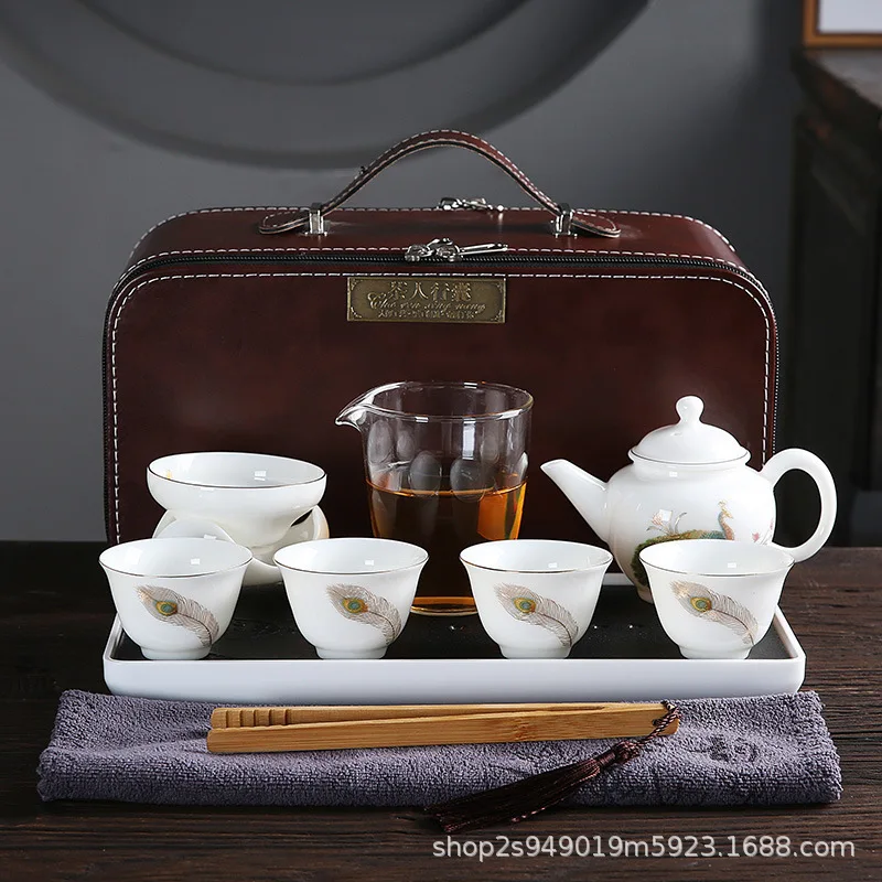 Tea Travel Bag Dry Brewing Tray Sheep Fat Jade Porcelain Bird Language Peacock Enamel Color Home Office Outdoor Travel Tea Set G