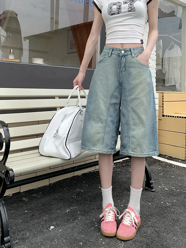 

WCFCX STUDIO Women's Shorts Jeans High Waist Straight Pants Streetwear Y2K 90s Vintage Female Wide Leg Denim Five Points Trouser