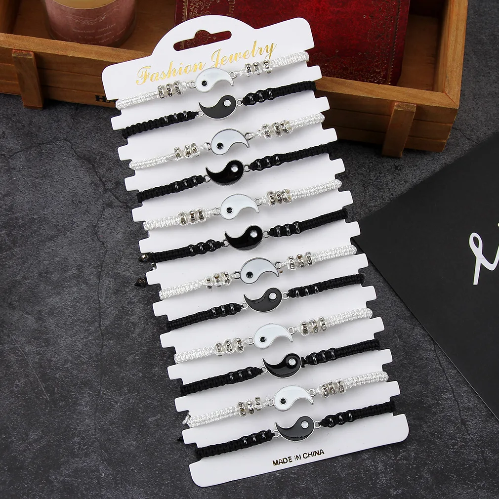 Juego de 12 Pulseras Tejidas de Aleación en Blanco y Negro, Ajustables, Modernas, Unisex, de Amistad, con Círculo de Perforación