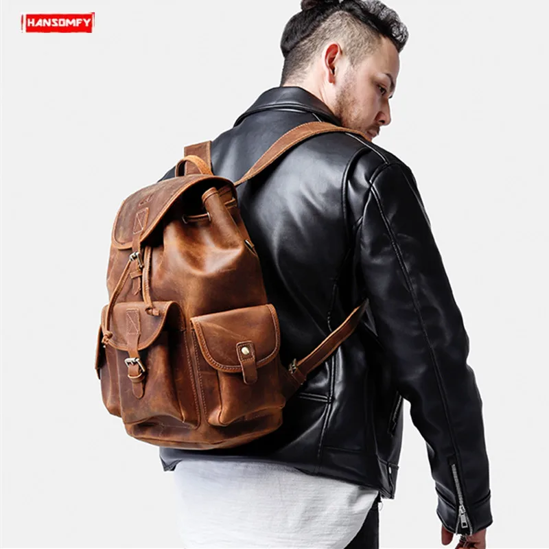 Men's Backpack Business Portable Retro Handmade Laptop Shoulder Bag Travel Multi-function Backpacks Luxury Brand Genuine Leather