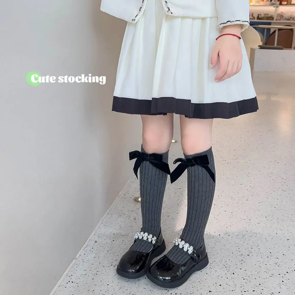 Cute Cotton Blend Knee High Socks Bowknot Stretchable Princess Socks Soft Fabric Knit Texture Girls Stockings For Party