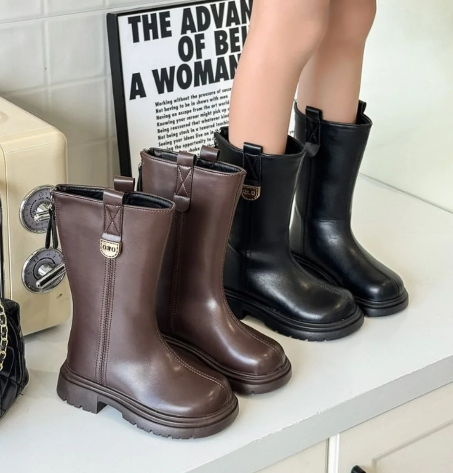 2026 Winter New Children Knee-High Boots for Girls Fashion Platform Motorcycle Boots Anti-Princess Keep Warm Chic Leather BOOTS