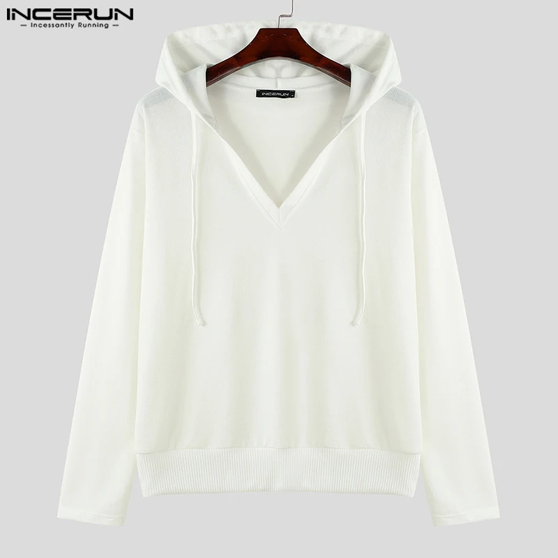 INCERUN Tops 2024 Fashion Men's Deep V-neck Texture Design Hooded Autumn Winter Streetwear Solid Long Sleeved Sweatshirts S-5XL