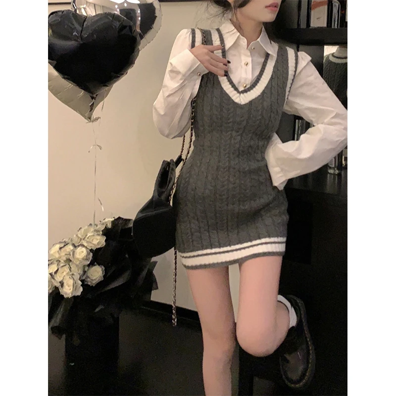 Striped Knitted Mini Dress Women Preppy V Neck Sleeveless Sweater Dresses Korean Kawaii Patchwork Sundress Bodycon Vestidos New