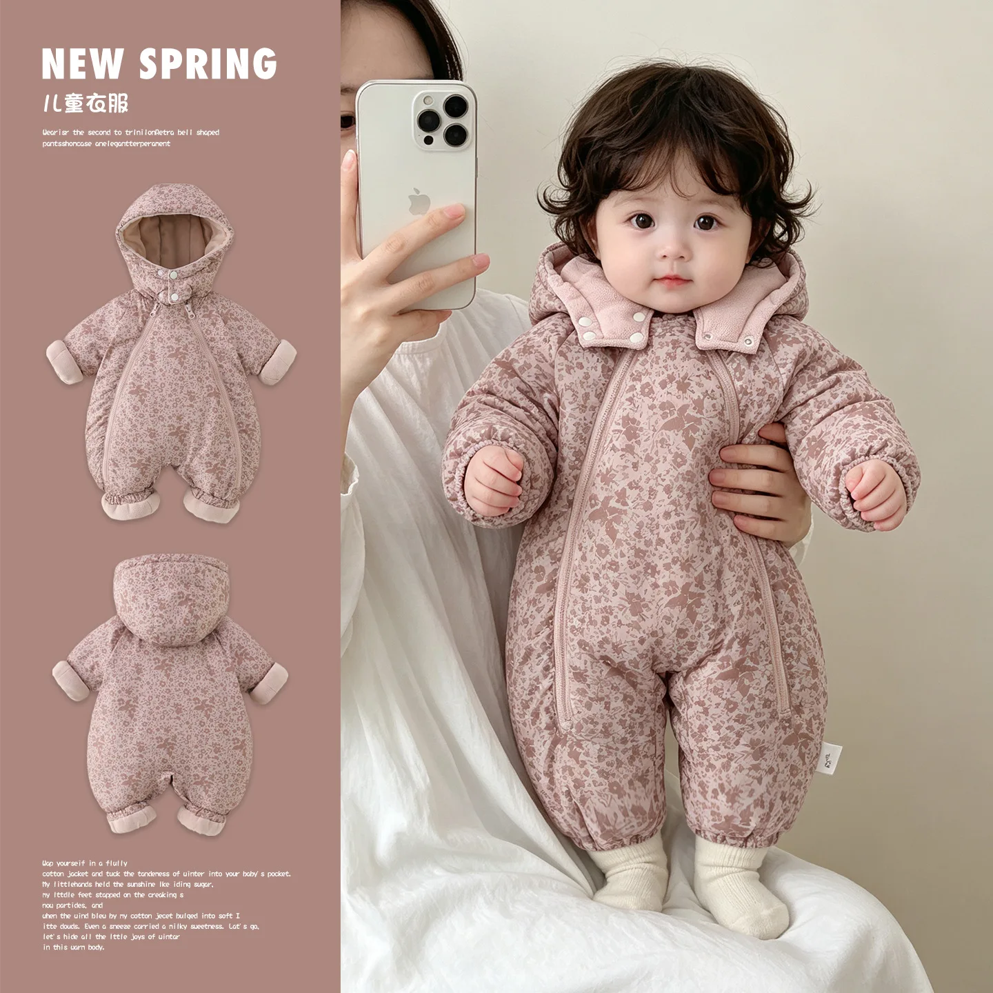 Bellbell Winter Infant Baby Girls Bodysuits Hooded Floral Printed Toddler Kids Girls Rompers Padded Jumpsuits for Newborn Girls
