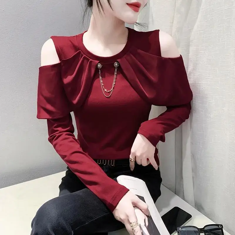 Spring Autumn Long Sleeve Off Shoulder Bottoming Shirt Hollow Out Slim Temperament T Shirt Tops Fashion Elegant Women Clothing