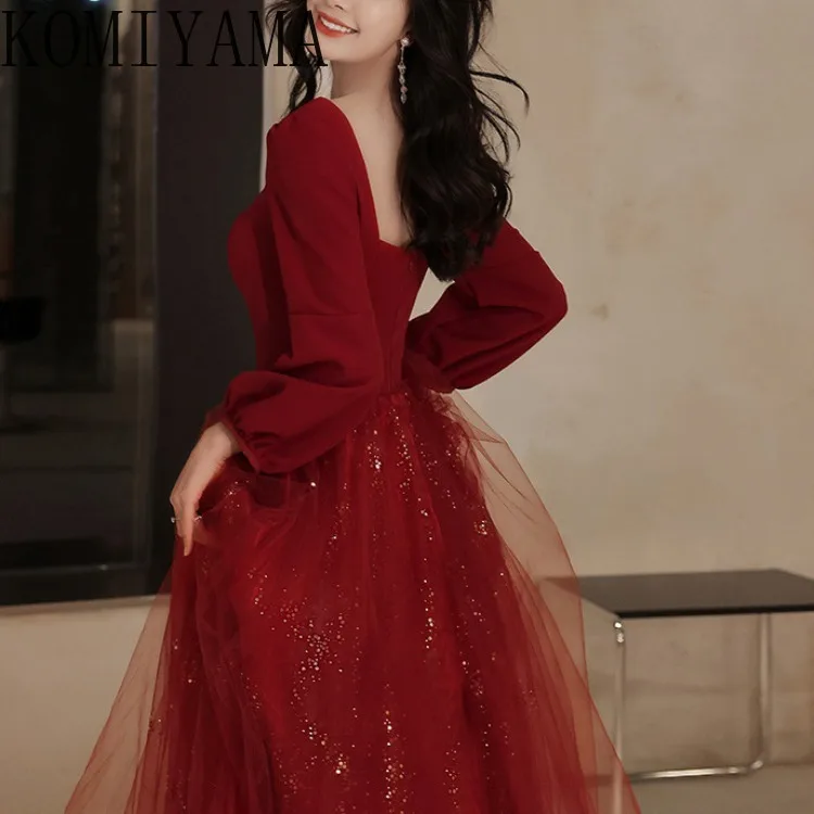 Customized Bride 2024 New Red Summer Elegant Prom Dresses Long Sleeve Backless Square Collar Wedding Party Dress Mesh Design Eve