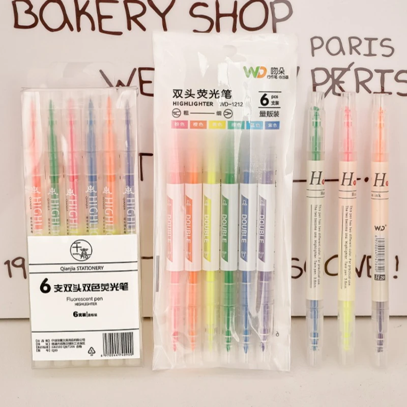 Office School Supplies Creative Double Headed Two Color Highlighter Pen 6 Pack Students Sentence Marking Pens Kawai Stationery