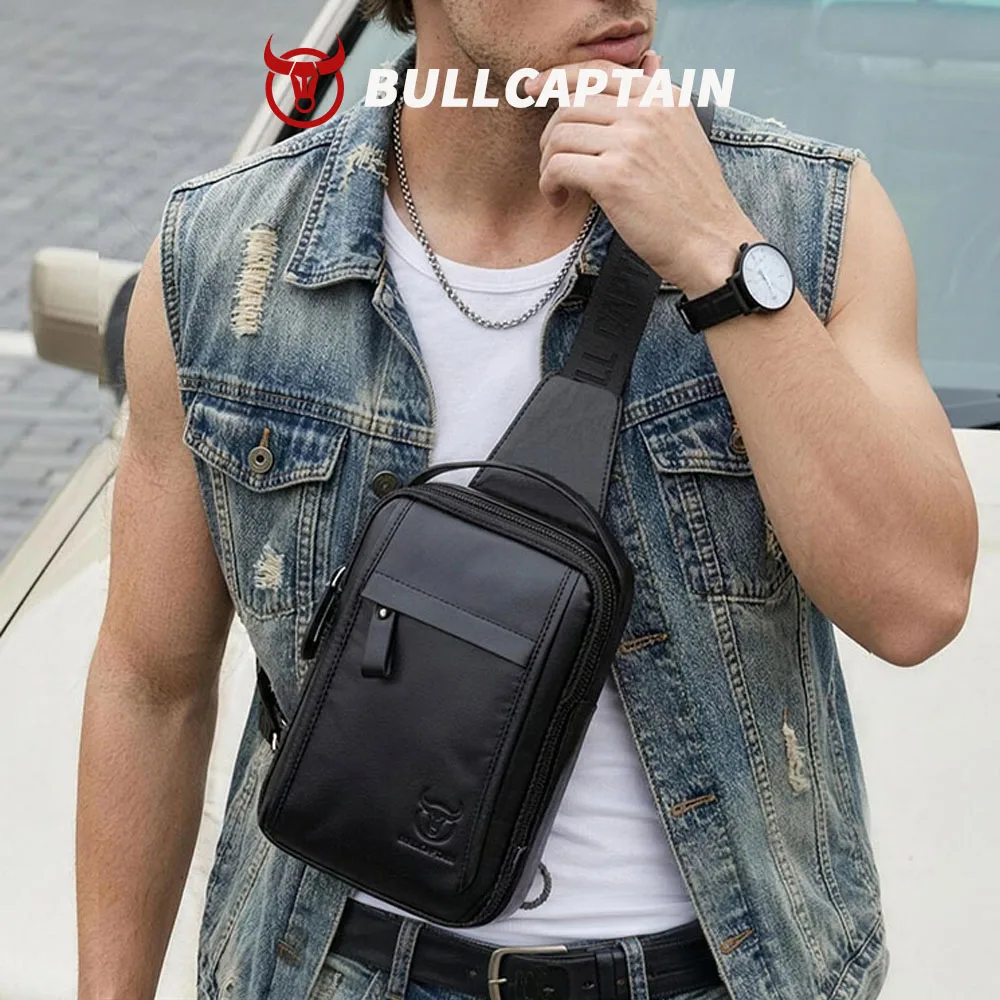 BULLCAPTAIN Genuine Leather Men's Chest Bag Multi Function Bag Can Accommodate 7.9 Inch IPai Pocket Fashion Men's Crossbody Bag