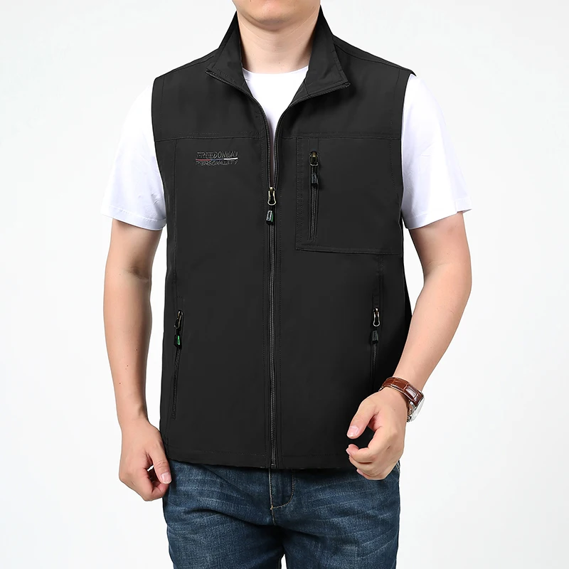 Vestes en fibre de plein air pour hommes, vêtements de sport décontractés, col montant, fermeture éclair, mode estivale, poches, épissé, gilets droits