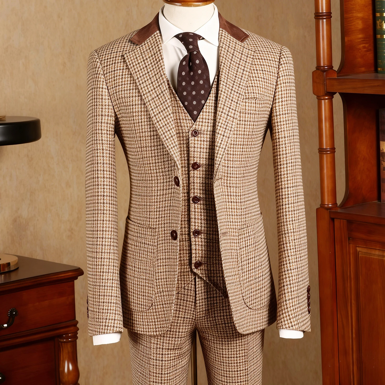 Casual Wedding Tuxedos Houndstooth 3 Pcs Jacket Vest Pants Men Suit Classic Fit Notched Lapel Evening Groom Customized