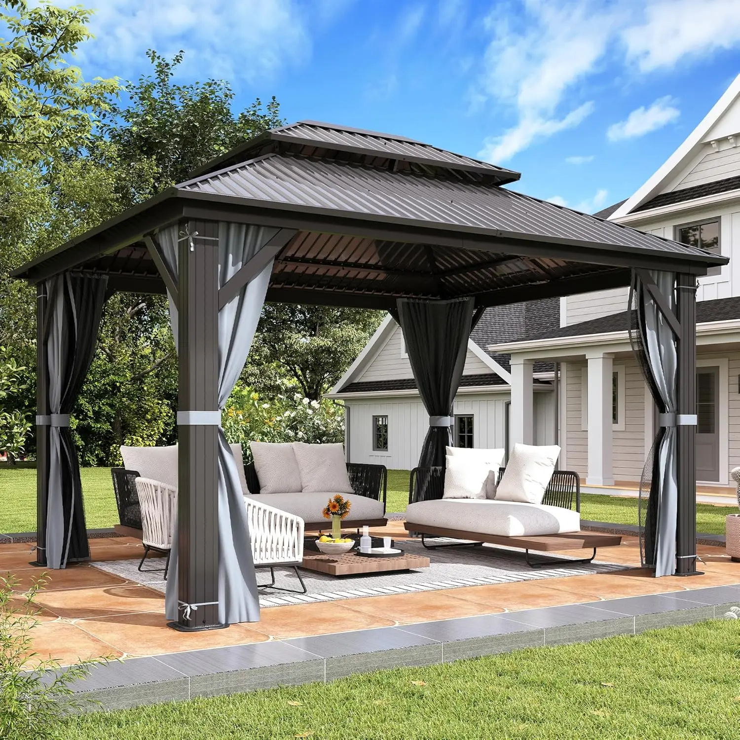 

Беседка с жесткой крышей 10 x 12 футов, из оцинкованной стали, с двойной крышей, сетками и шторами, для улицы, алюминиевая, на заказ