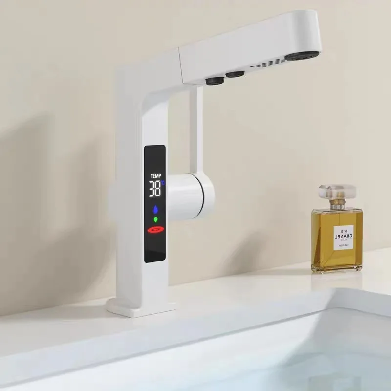 

High-end gun gray intelligent digital display hot and cold pull-out faucet bathroom basin single hole retractable wash basin fau