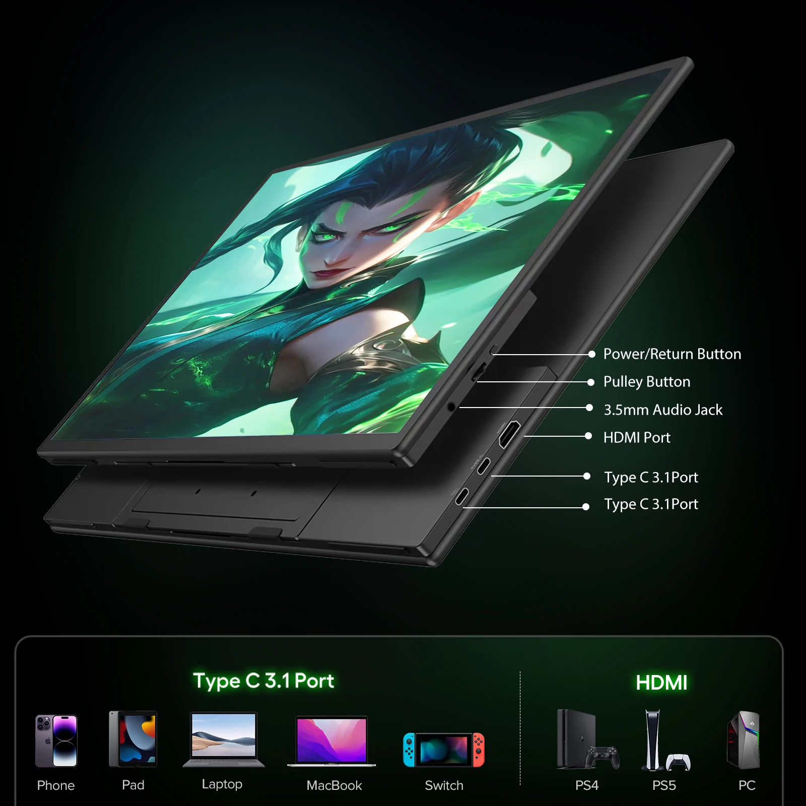 شاشة EVICIV المحمولة مقاس 21.5 بوصة USB-C HDMI 120 هرتز 100% sRGB 1080P FreeSync IPS HDR للألعاب الخارجية لأجهزة الكمبيوتر المحمولة والهواتف PS4/5 #6