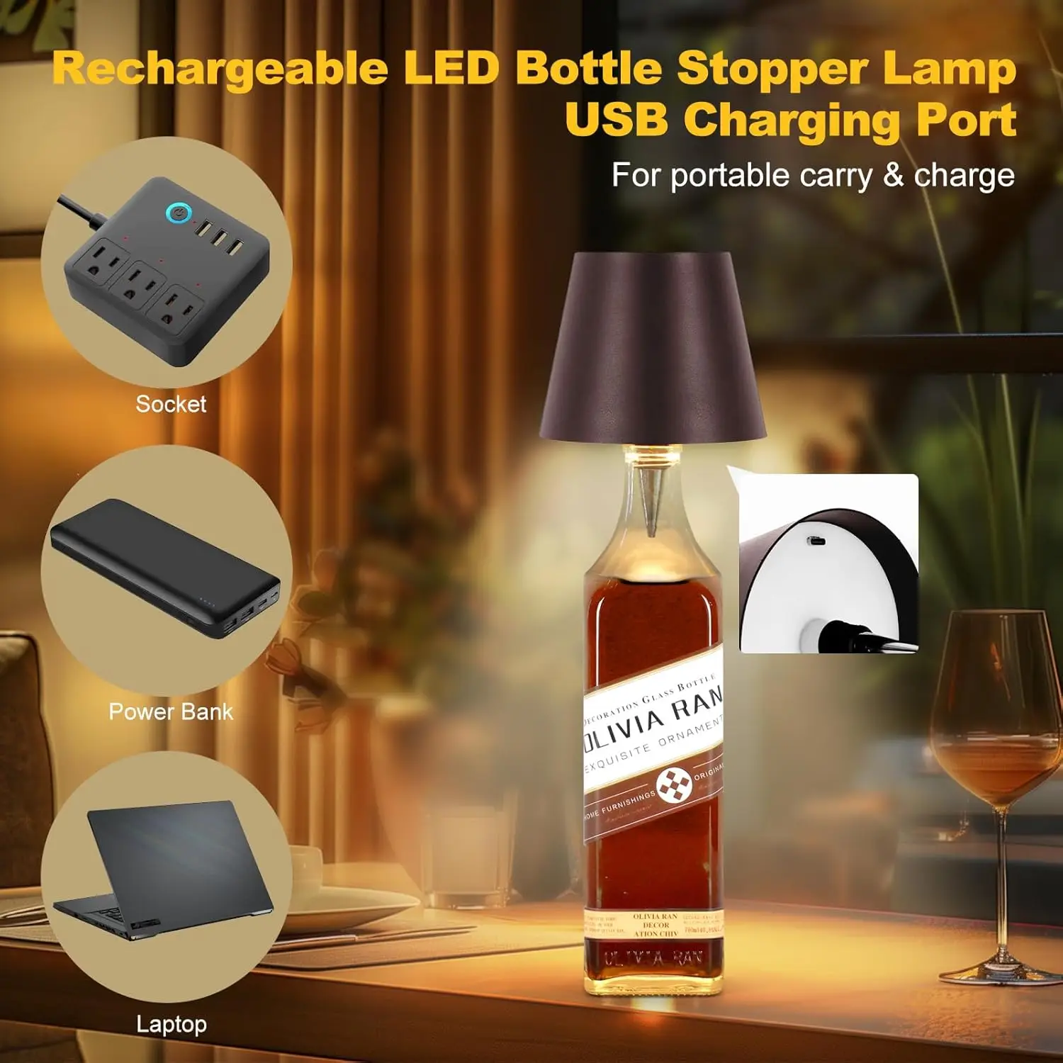 Wireless Bottle Lamp LED Wine Bottle Base Rechargeable Led Battery Operated Bar Dining Mushroom Lamp Holder ChristmasBrown, 1PC)