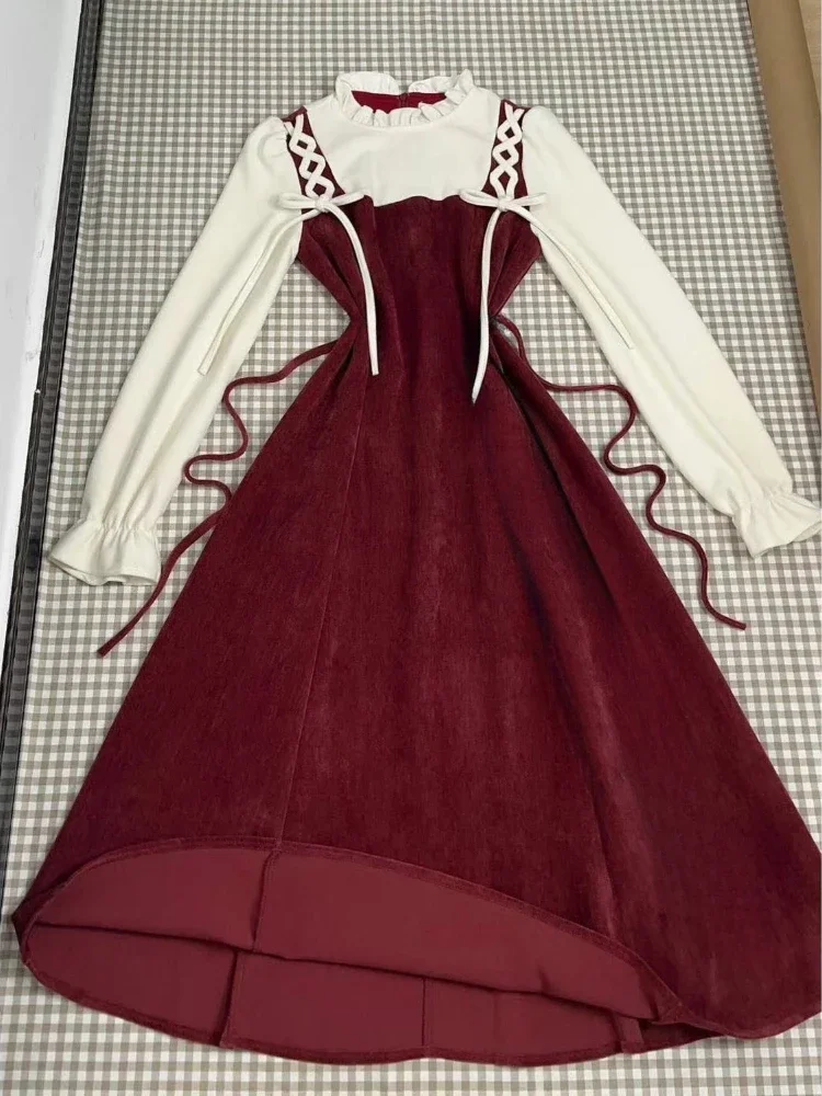 เดรสลายสก๊อตสไตล์ฝรั่งเศสแบบย้อนยุค ดีไซน์สองชิ้นหลอกตา สำหรับผู้หญิง แฟชั่นลำลองสไตล์เกาหลีญี่ปุ่น กระโปรงยาว