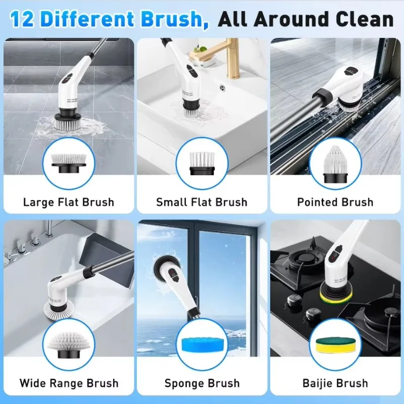 12-in-1 Electric Cleaning Brush Long-Extension Multi-functional Household Floor and Kitchen Cleaning Tool