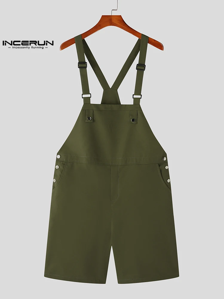INCERUN-monos sin mangas de Color sólido para hombre, ropa de calle con bolsillos, monos con tirantes, pantalones cortos informales a la moda, 2023