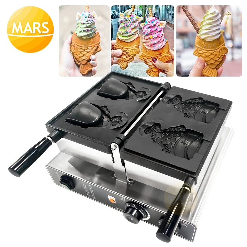 

Waffle Makers Commercial Ice Cream Taiyaki Pan Making Machines Fish Shaped Waffle Cone Baking Cake Equipment