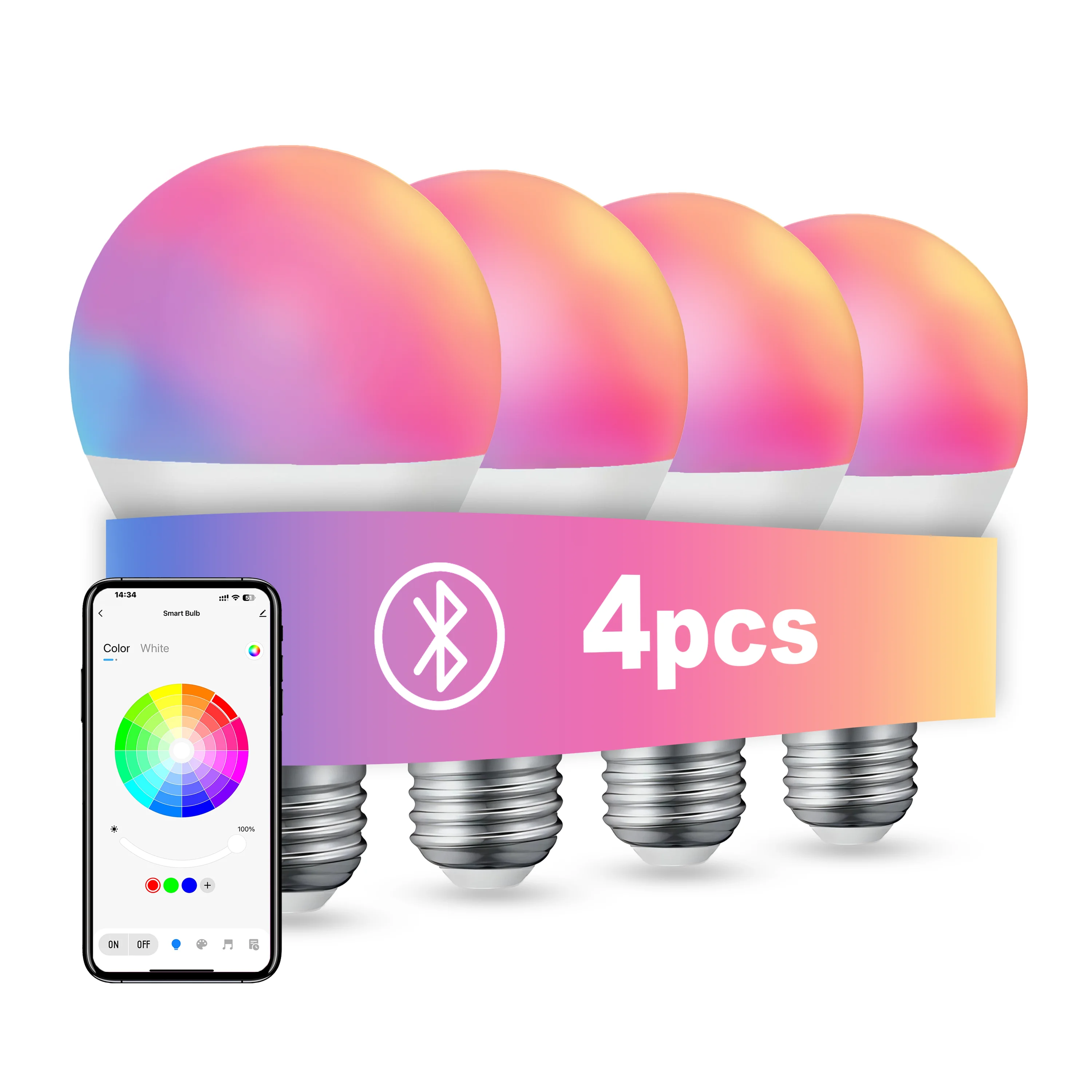 

4pcs Smart Bulbs, RGB Color Changing LED, Music Sync, Timer Function, App Control, A19 E26 60W Eq for Home Gaming Party Decor.