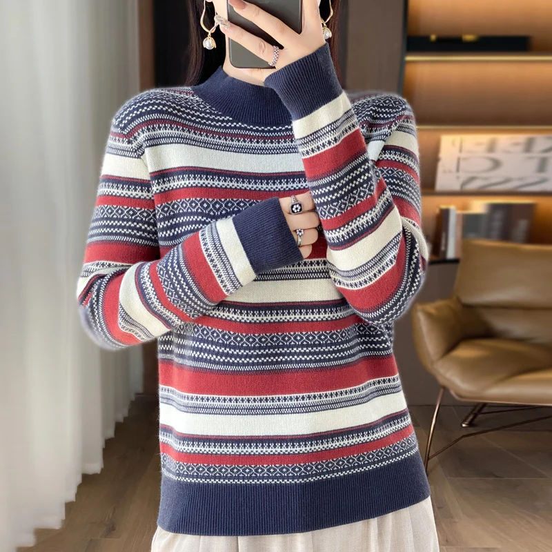 2024 Autumn/Winter Women\'s Cashmere Sweater Knitted Pullover Knitted Sweater Women\'s Warm Loose Striped Sweater Top