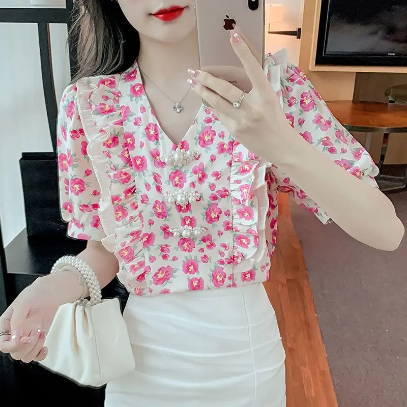 2023 New Summer Temperament Ruffles V-neck Puff Sleeve Blouse Femme Korean Printing Shirts Women Clothes Sweet Pullover Top Tee