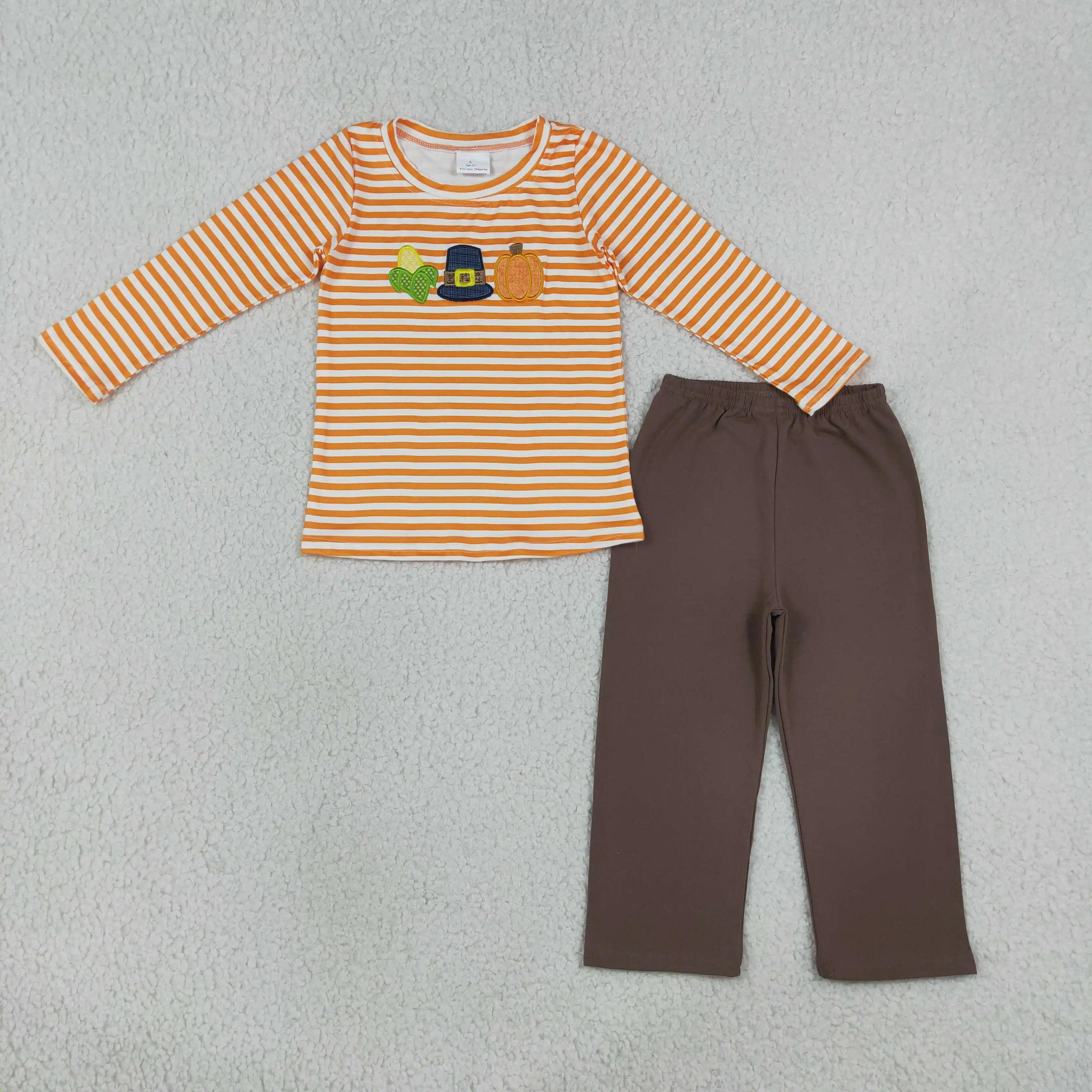 Wholesale Boy Embroidery Pumpkin Stripes Shirt Children Cotton Pants Fall Set Toddler Baby Kids Thanksgiving Outfit Clothes