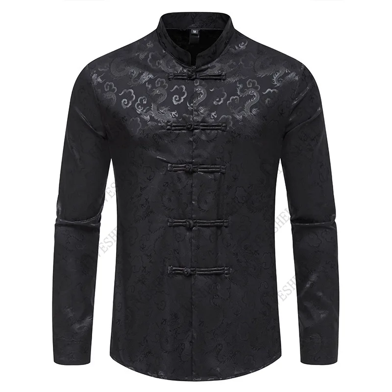 2024 Chinese Traditional Uniform Top Kungfu Shirt Men Dragon Pattern Martial Arts Shirt Men Long Sleeve Tang Suit Shirt