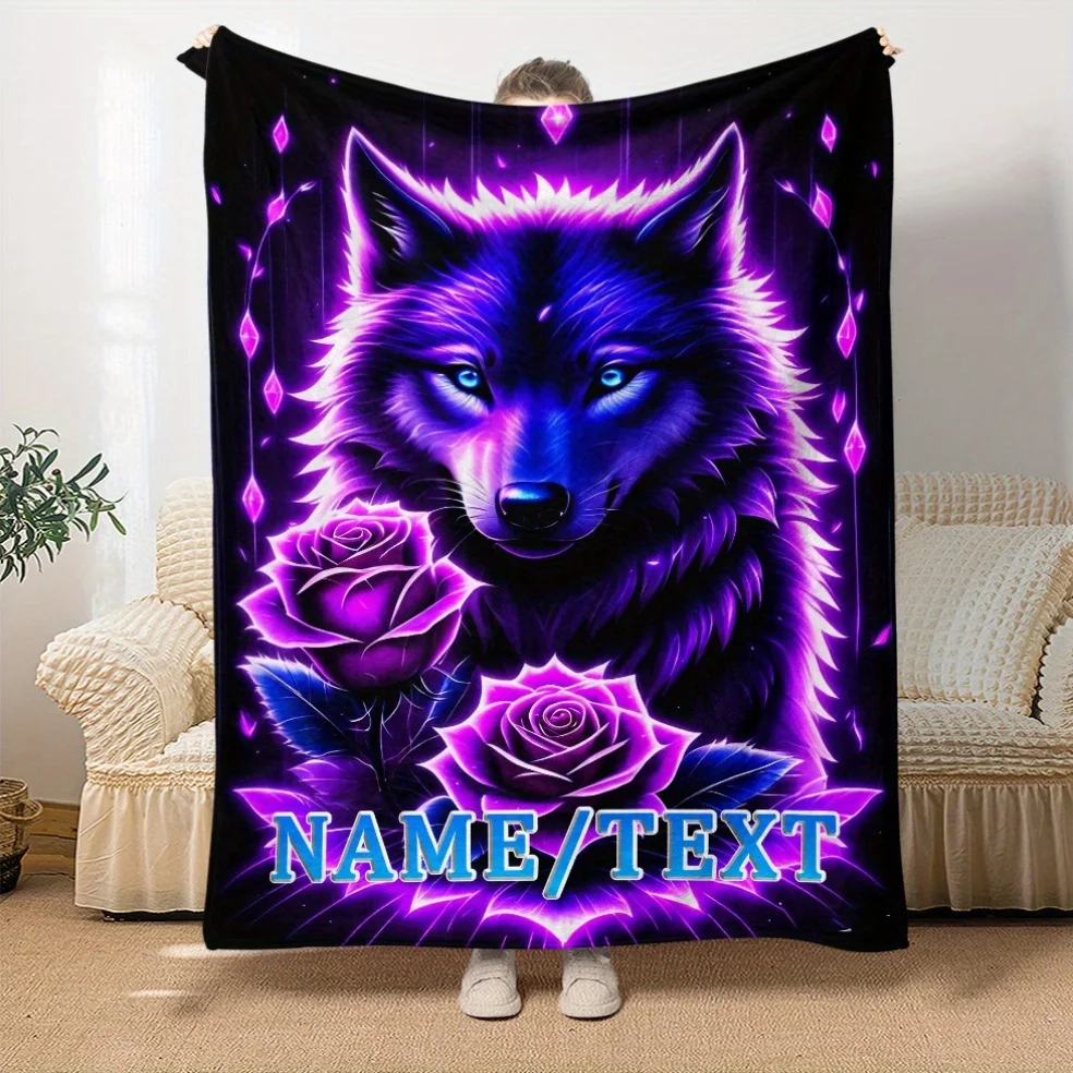 Personalisierte Überwurfdecke mit individuellem Namen, Wolf und Rose, weiches Flanell, leicht, einzigartiges Geschenk für Sofa, Schlafzimmer, Büro, Camping