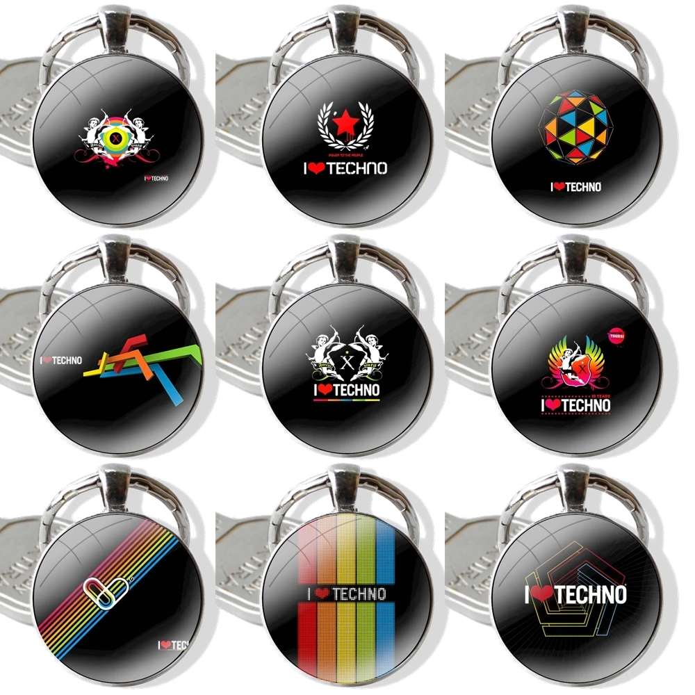 I Love Techno Keychain Handmade Glass Cabochon Key Ring Holder Pendant Key Chains